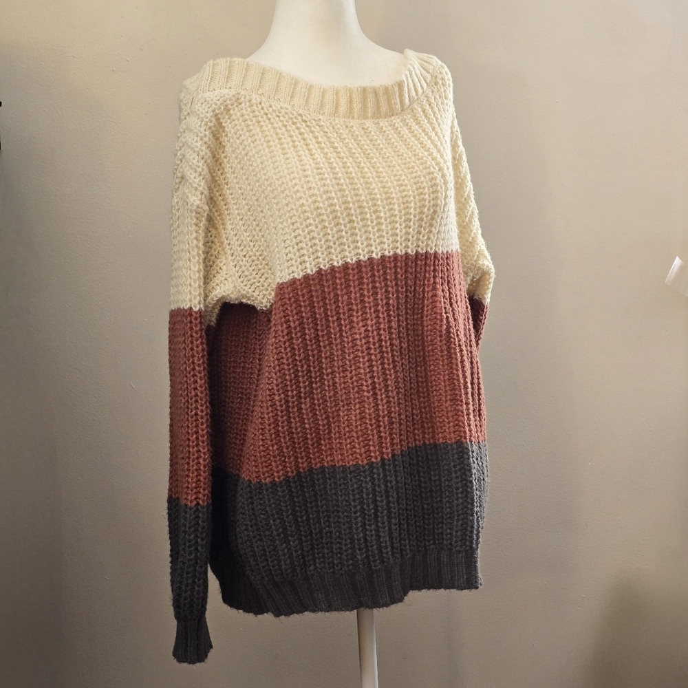 Colorblock Knit Pullover Off Shoulder Sweater - Cream, Rust & Charcoal